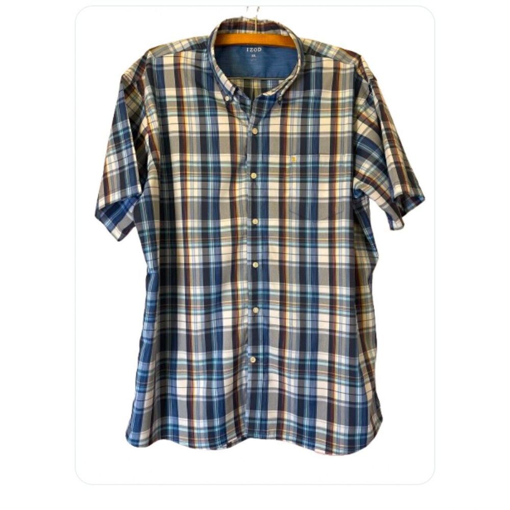 IZOD Plaid Button Down Short Sleeve Travel Low Wrinkle Shirt XXL‎ 2XL